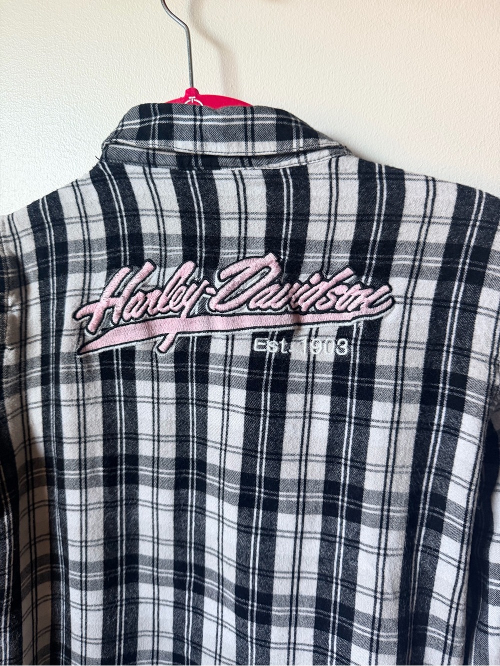 Harley-Davidson Black & White Plaid Jacket with Pink Script Logo Sz. XS